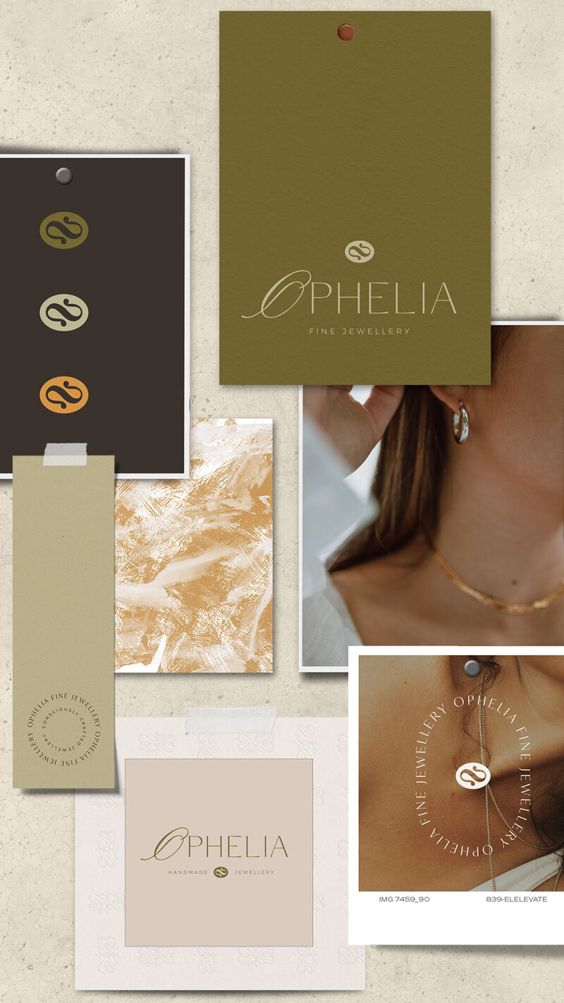 logo, images and other elements of the branding package shown on a mood board