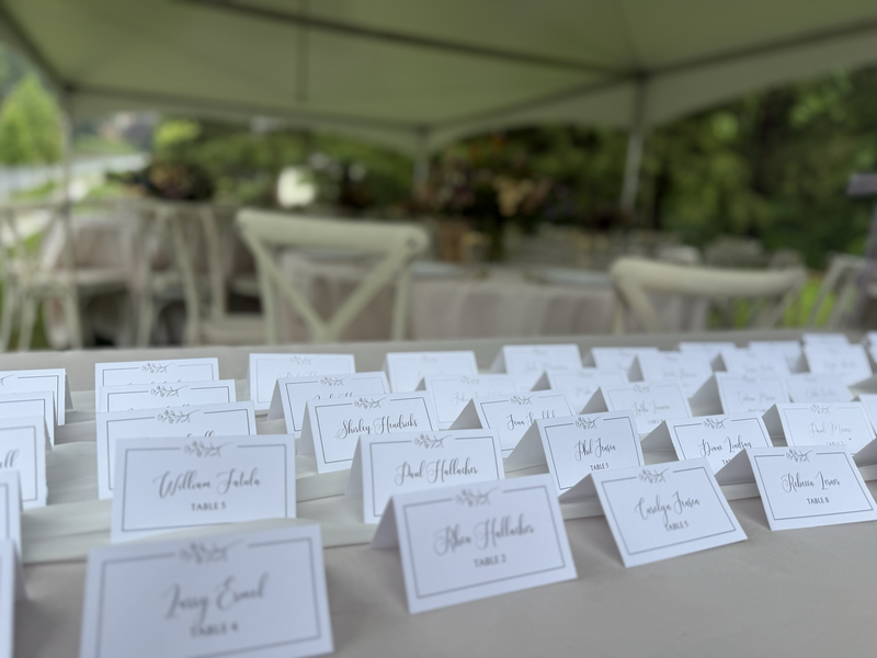 Photo of wedding place cards set up in neat rows with reception space in the background.