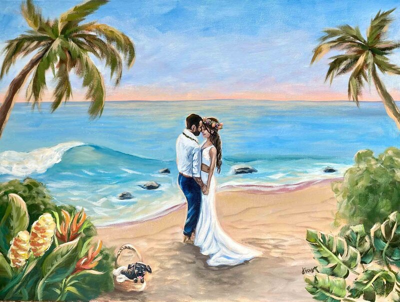 Painting of a Maui Beach Wedding with couple holding hands and sharing an intimate moment in front of gentle surf, while their new puppy looks on from a basket near tropical greenery.