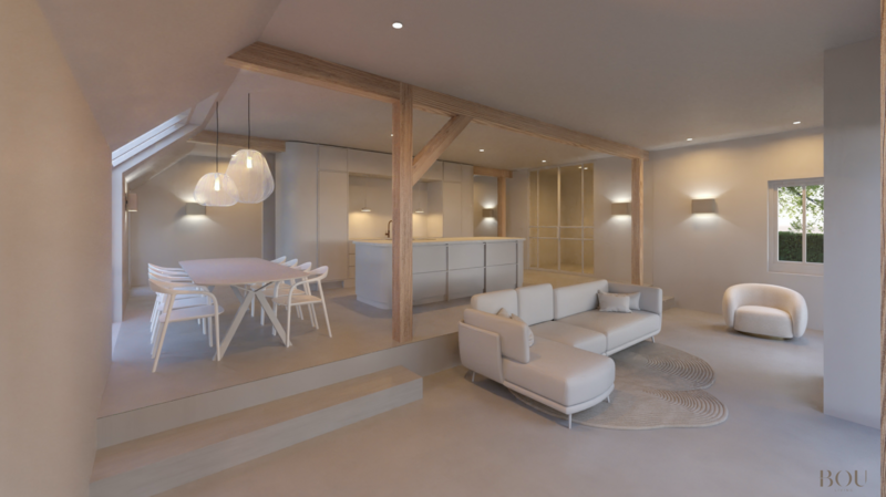 Realistische 3D render van  de keuken en eetkamer  van een woonboerderij in Zuid-Holland, ontwerp door interieurdesign studio BOU Living