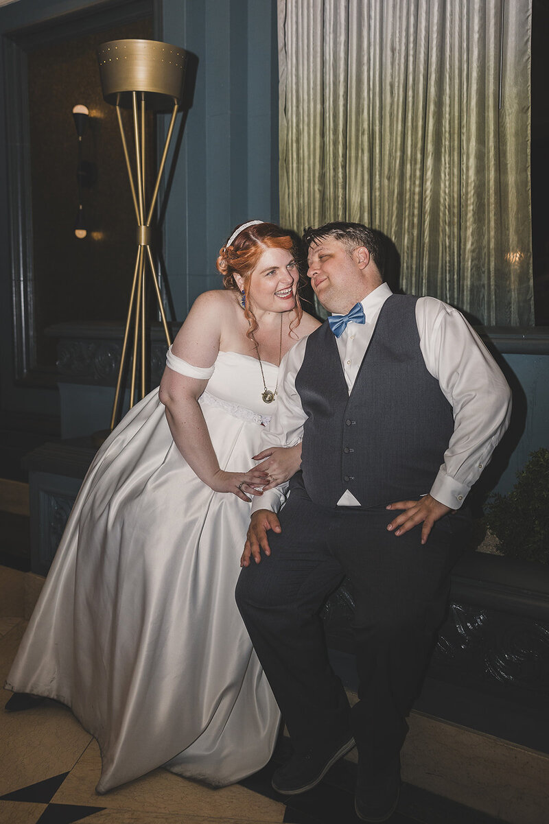 bride and groom share a laugh after wedding ceremony in las vegas