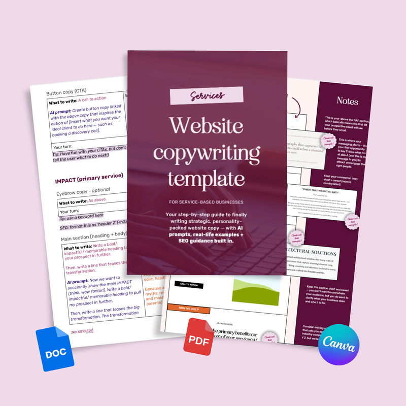 Services page copywriting template with AI prompts - google doc template + canva template