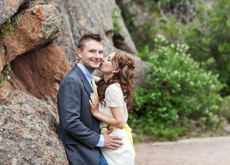 Cute couple elopes at Lily Lake in Estes Park Colorado