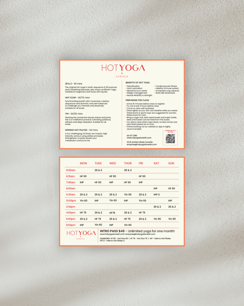 Timetable card design for Hot Yoga.