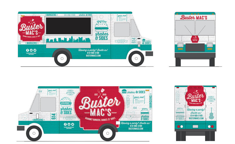 red, teal, white brick food truck for Buster Mac's