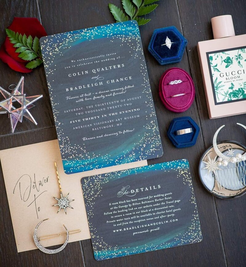 High contrast photography with stationery flat lay and wedding accessories