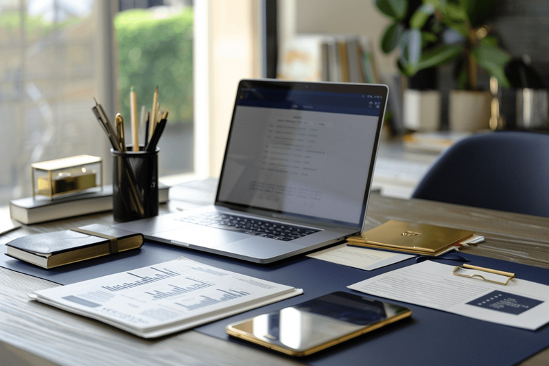 Laptop on wood desk with black accents