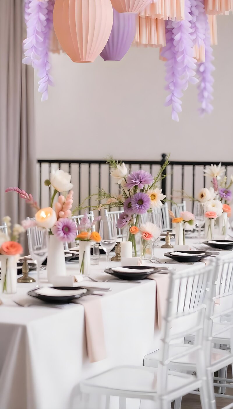 Table de mariage moderne et minimaliste et suspensions colorées. Scénographie imaginée par une décoratrice de mariage.