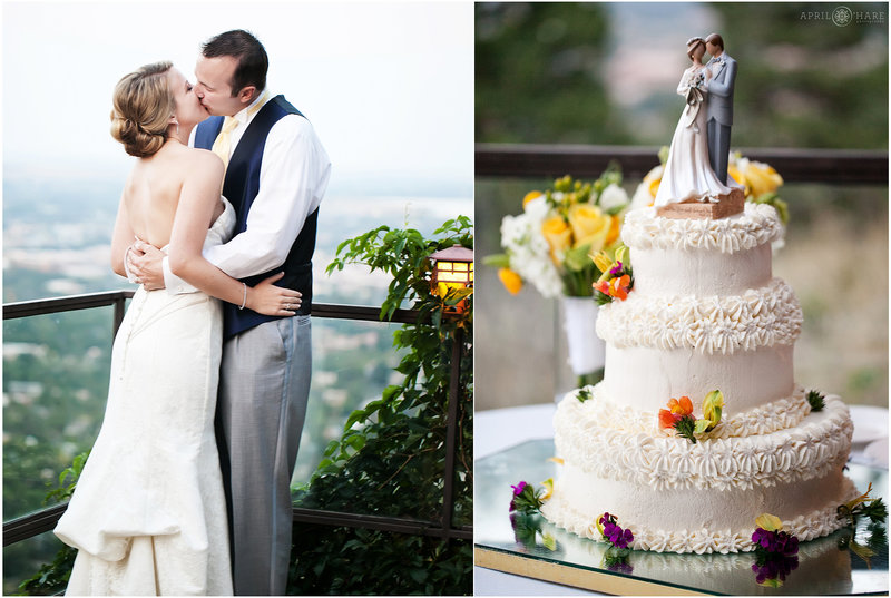 Bride and Groom Kiss on the Outdoor Terrace overlooking Boulder at Flagstaff House Wedding Venue in Colorado