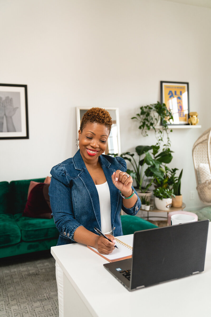Michelle hosting a virtual organizing call on her laptop