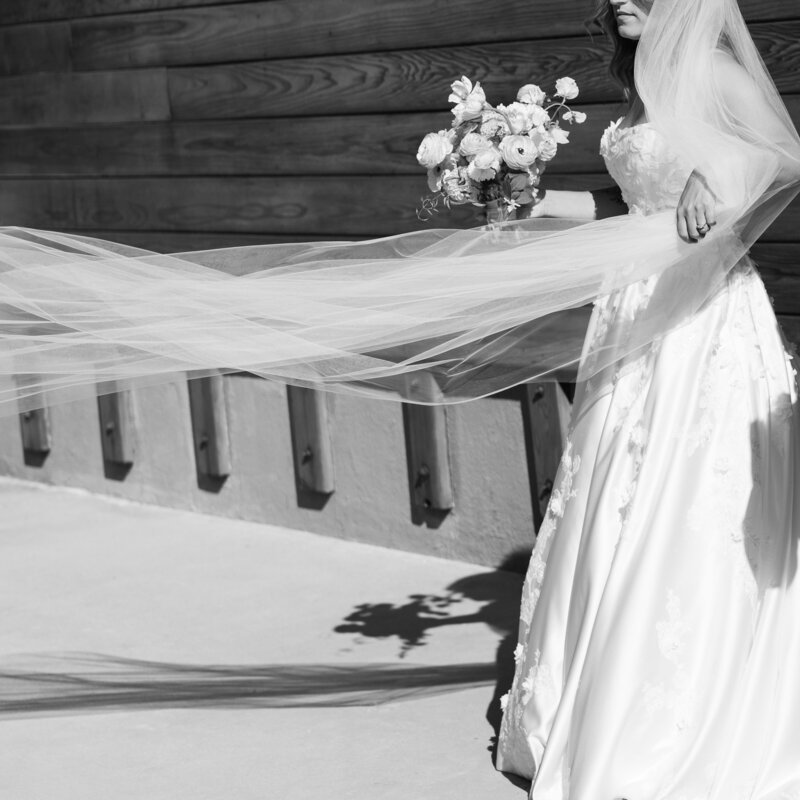Bride's wedding dress and veil flowing elegantly in the wind as she walks around her Palm Springs wedding venue, in a black and white edit enhancing the contrast and detail of the lace and fabric.