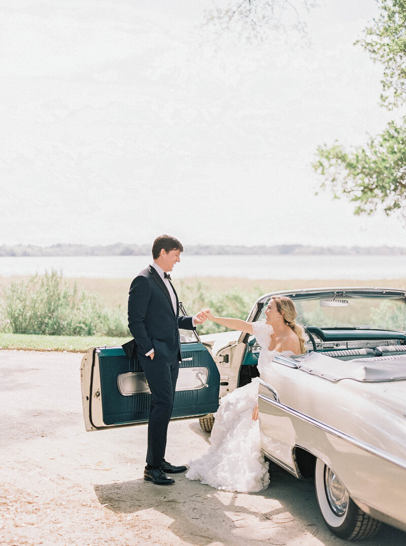 rhode island wedding photos on the bay in a vintage car