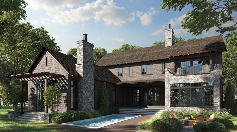 mountain-house-rustic-contemporary-stacked-stone-shingle-siding-pool-trellis