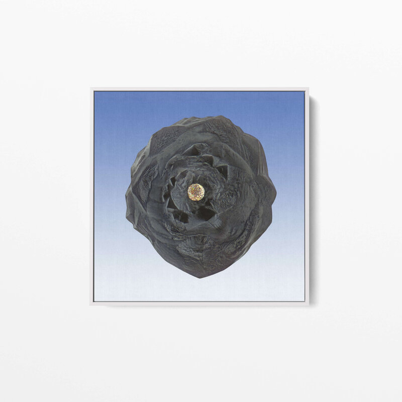 Fine Art Canvas with a white frame featuring Project Stardust micrometeorite NMM 244 collected and photographed by Jon Larsen and Jan Braly Kihle