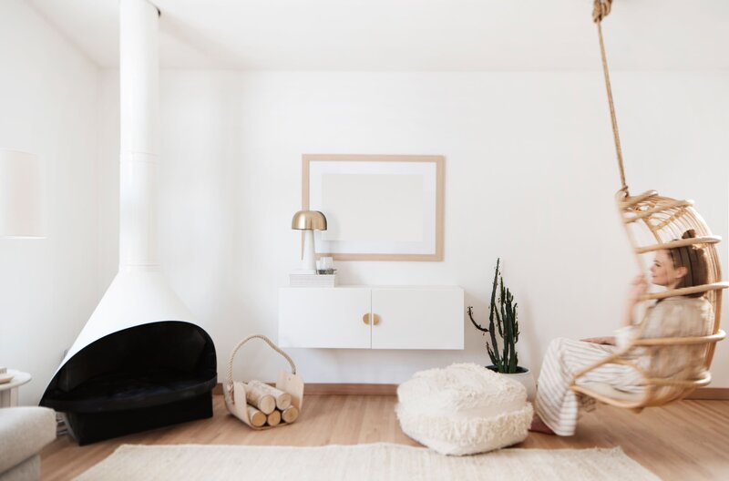 Modern boho living room with organic materials and wellness-driven design