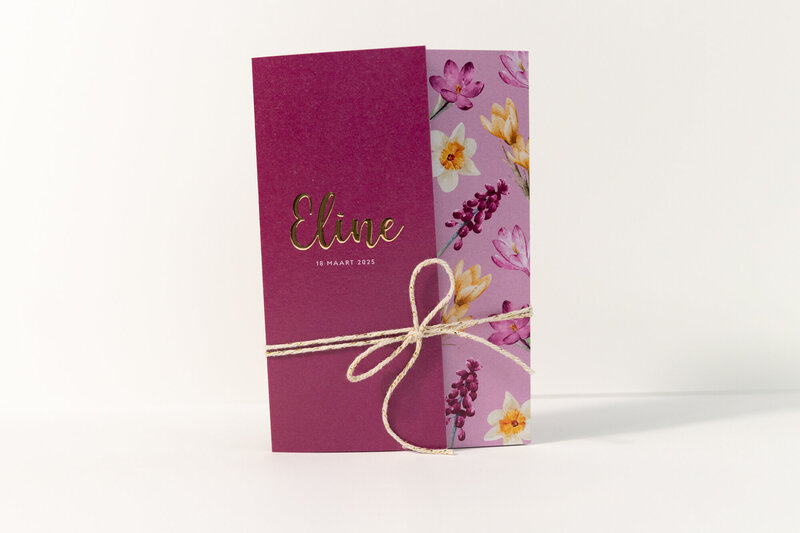 Geboortekaartje-met-felle-kleuren-en-bloemen-en-goudfolie-Eline-2