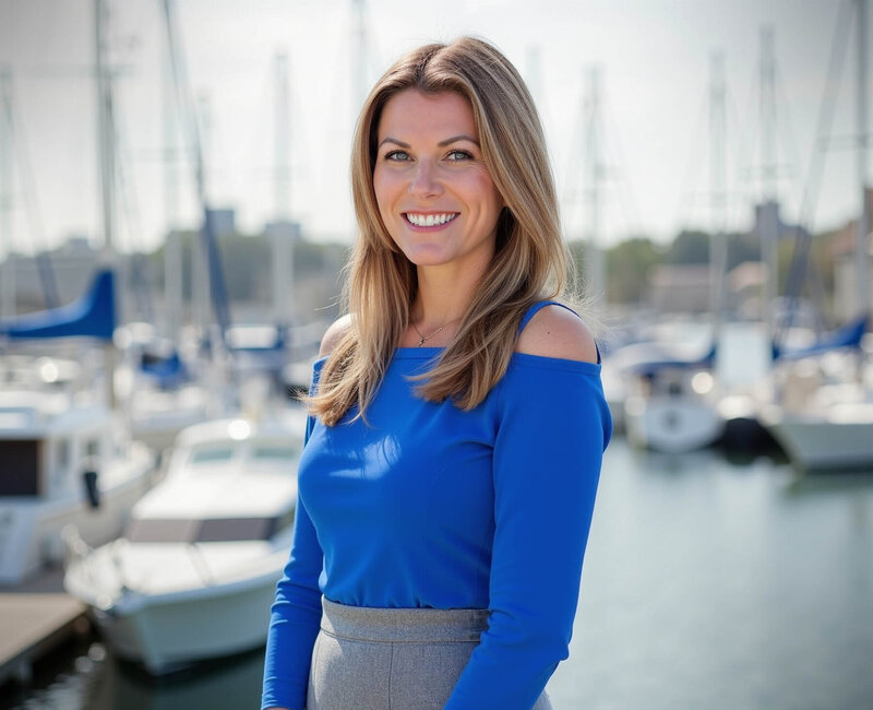 A woman in a blue off-the-shoulder top and gray skirt stands smiling in front of a marina. The background features several docked boats and a slightly blurred view of masts and water on a sunny day.