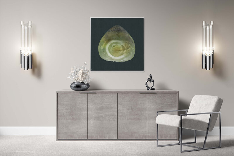 Fine Art Canvas with a white frame featuring Project Stardust micrometeorite NMM 1448 for luxury interior design