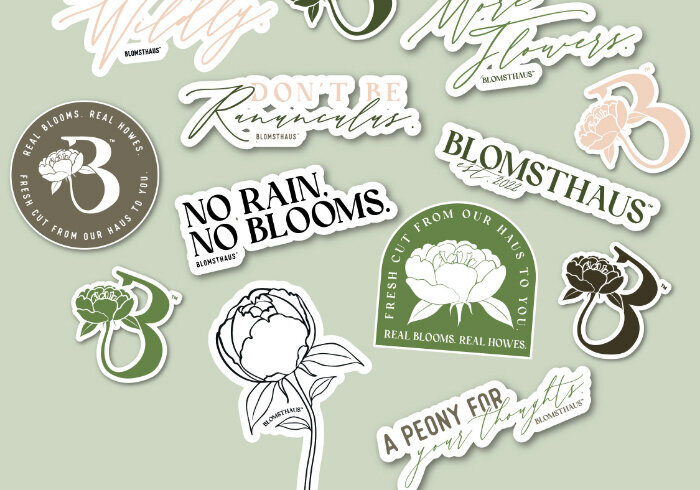 A collage of different stickers varying from peony flowers, submarks, logos, and phrases saying 'Don't be ranunculus', 'blomsthaus', 'more flowers', 'bloom wildly', 'a peony for your thoughts'.