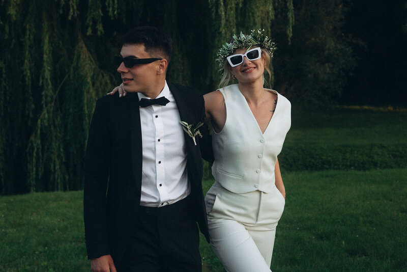 Luxury wedding in Europe – sophisticated bride in a modern wedding gown and groom in a timeless suit.