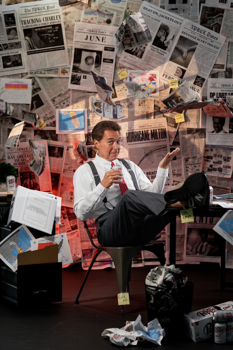 Denis Phillips, Chief Meteorologist and Tampa Bay public figure, featured in a custom branding photo session by Lux Content Co., a Tampa-based content creation and social media marketing agency. This personalized shoot highlights his signature hurricane coverage style—and his love for Diet Dr. Pepper.