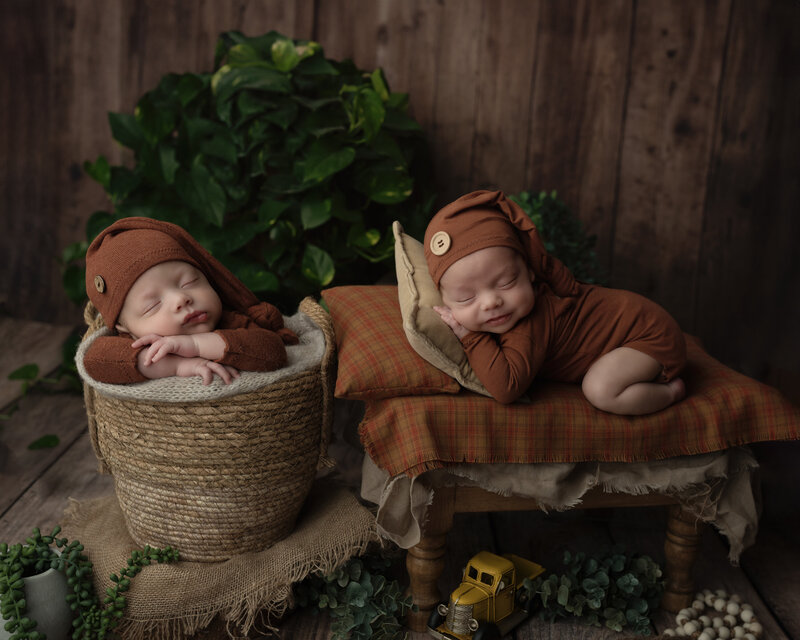 Earth-toned twin newborn setup with coordinating brown outfits, rustic textures, and natural greenery. Captured in-studio in Paris, Ontario.