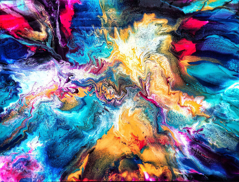 Collection of fluid art pieces featuring marbled textures and rich, swirling colors inspired by natural elements