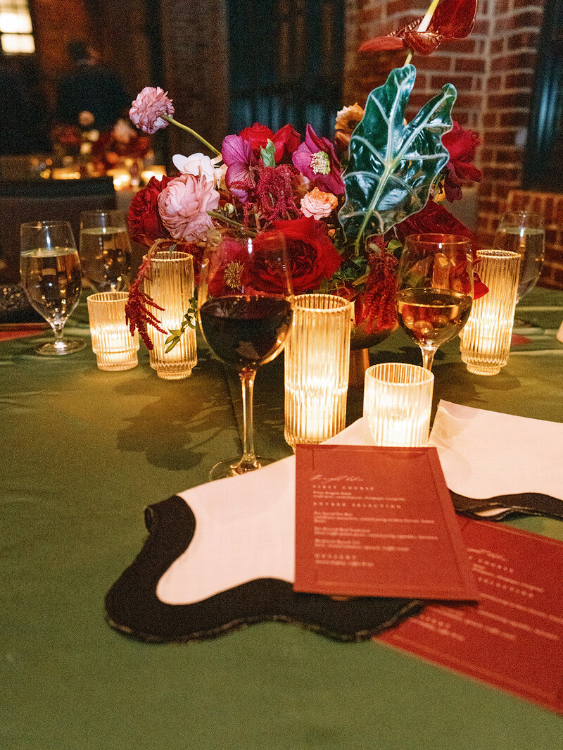 Burgundy and green modern welcome party and rehearsal dinner at Ritz-Carlton Georgetown DC
