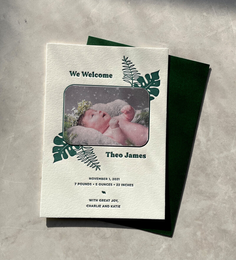 green jungle inspired boy letterpress birth announcement card