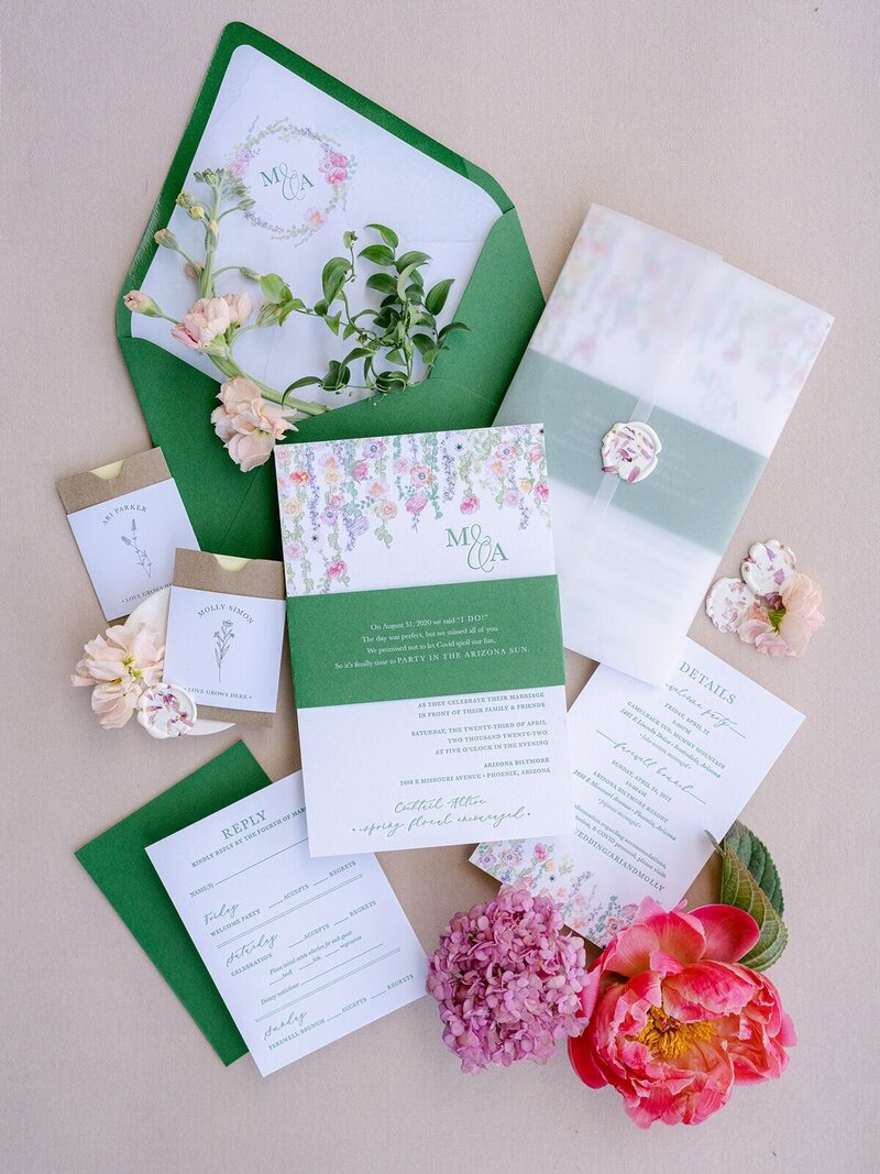 Custom designed wedding invitations for Phoenix garden wedding