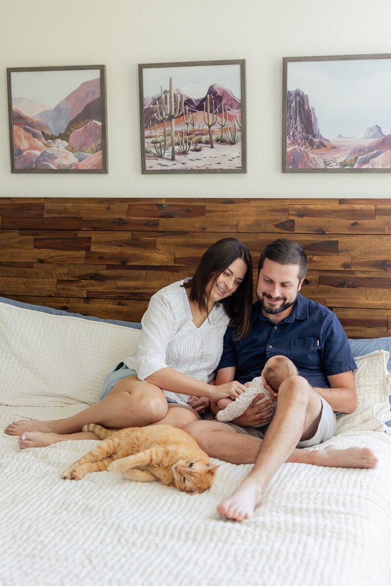 parents, baby, and cat snuggle on bed at home photo session