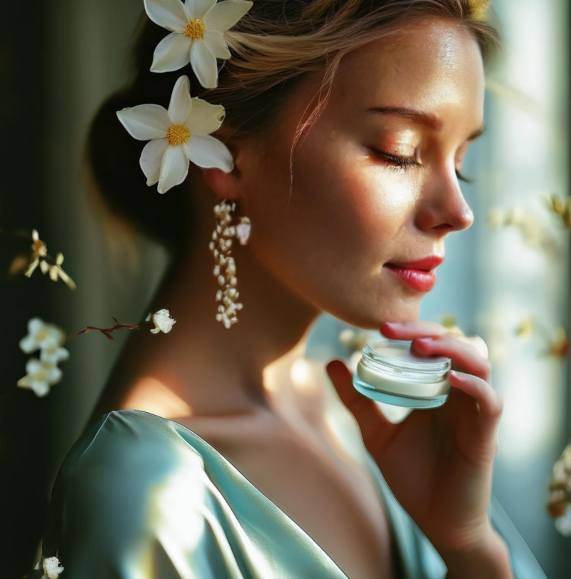 Dreamy blonde lady in pale aqua silk with jasmin cream