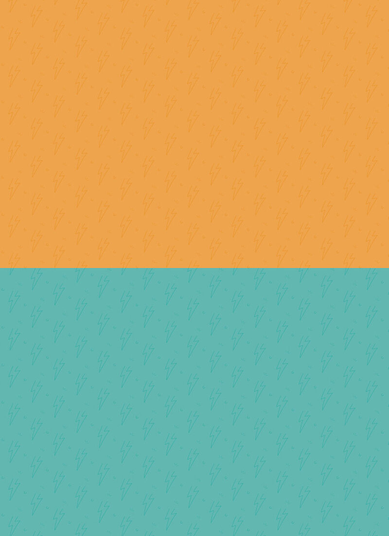Brand pattern made up of elements from the logo including a lightning bolt that doubles as the front of a bike frame, half circle that is the inside ring of a tire doubling as the sun, and tire spokes doubling as sun rays each on a blue and orange background