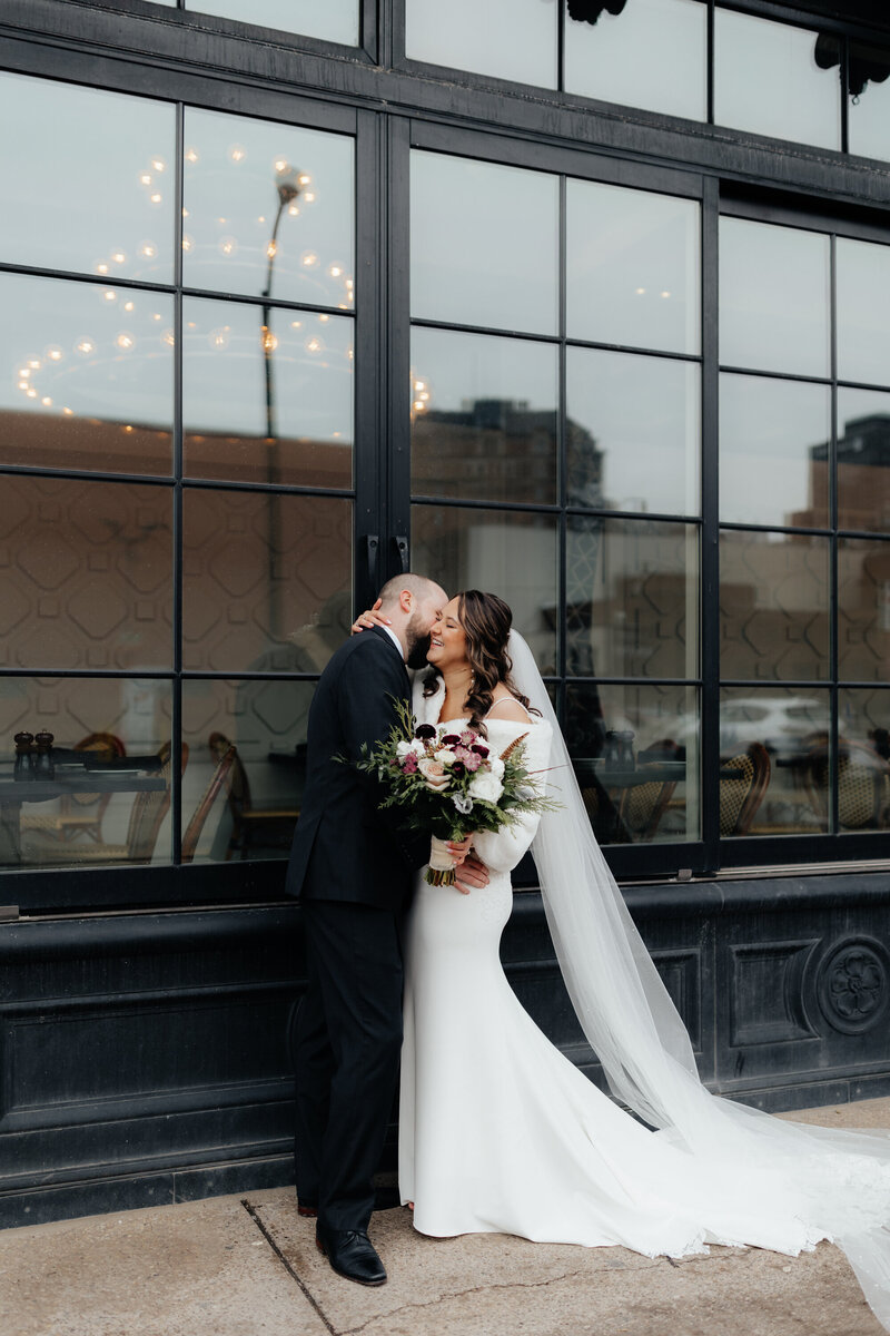 Bride and groom walk up memorial steps at their DC wedding