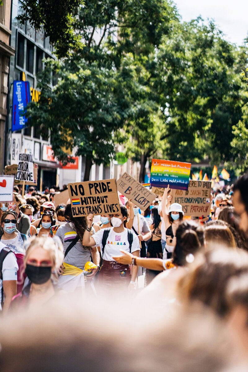 Image of a pride parade with various LGBTQIA+ rights protest signs