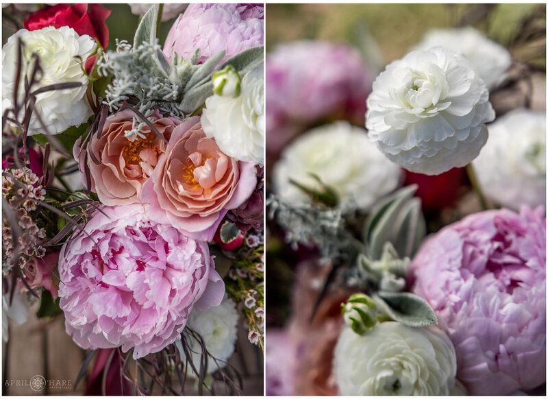 Peonies and ranunculus flowers in a summe wedding bouqyet created by Sheilan with Yarrow & Spruce Floral