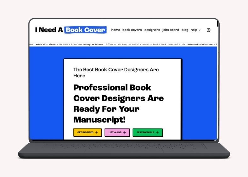 Website homepage promoting professional book cover designers with bold text and bright colors.