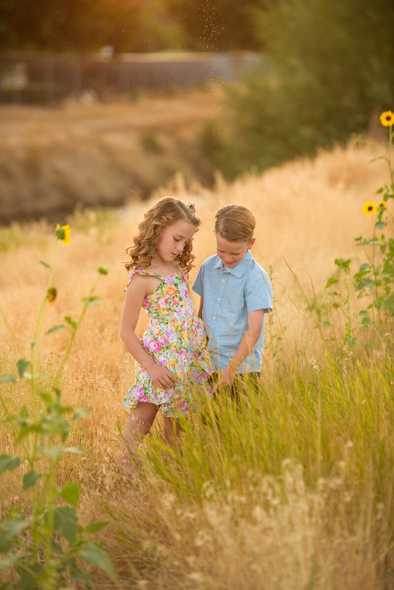 Brother and sister playing in tall grass during photography session with portrait photographer Tiffany Hix