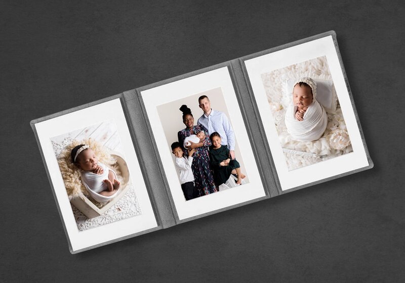 Triplex portfolio print of newborn girl, sibling s and parents