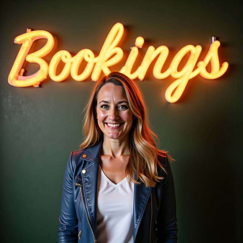 Carissa smiling in leather jacket and white tee in front of yellow neon sign that reads "Bookings".