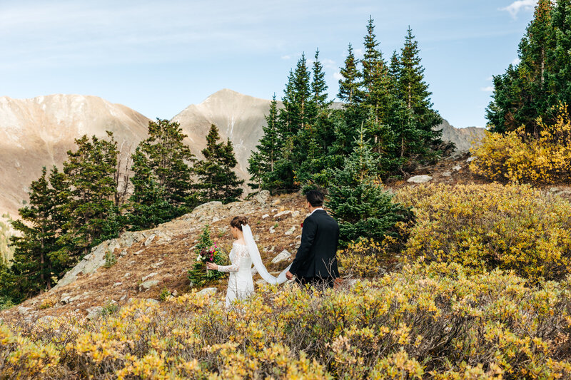 Denver Wedding Photographer captures bride and groom walking through field for bridals