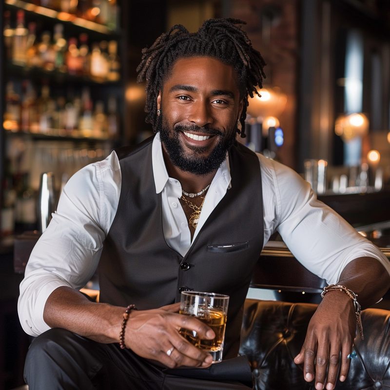 black man in bar holding drink