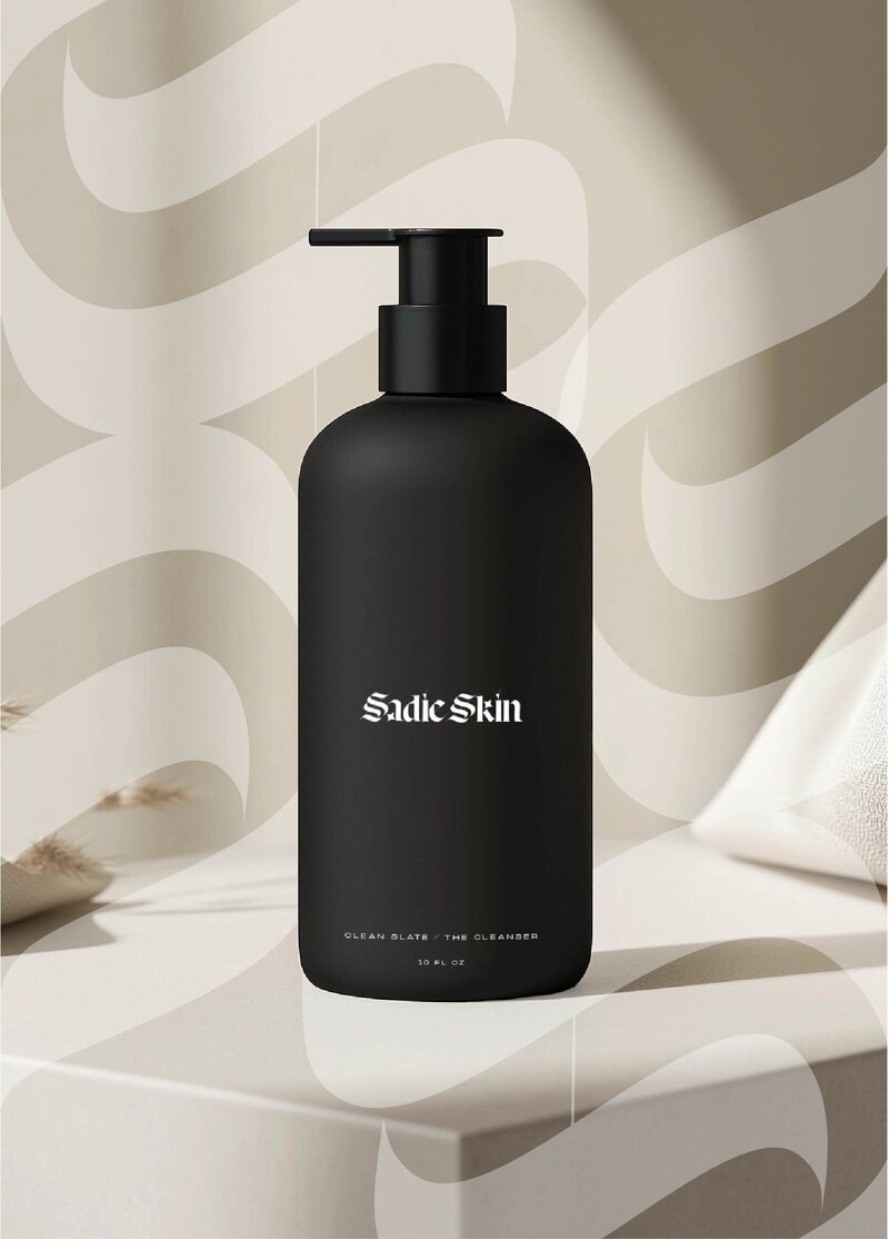 skin cleanser pump bottle mockup of Sadie Skin packaging