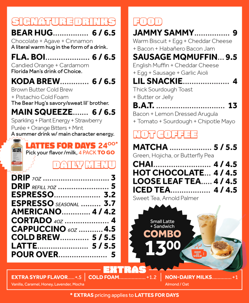 Quigley Coffee Co menu featuring signature drinks like Bear Hug, Fla. Boi, Koda Brew, and Main Squeeze, plus food items such as Jammy Sammy, Sausage McMuffin, Lil Snackie, and B.A.T., along with matcha, chai, hot chocolate, iced tea, and daily espresso options.