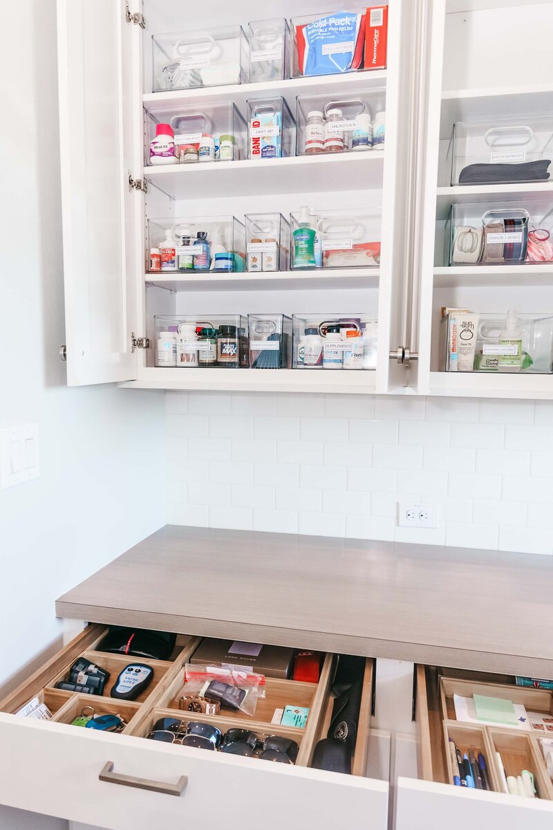 An open cabinet showing organized cleaning products and accessories