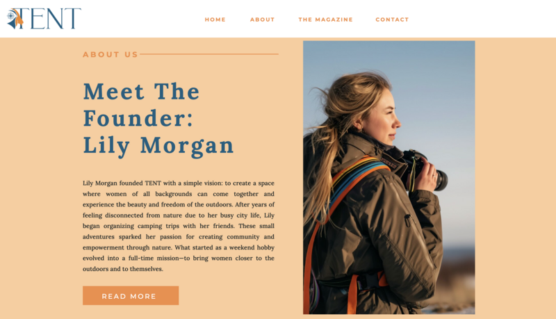Tent Magazine about page sample featuring earthy tones and bold imagery, highlighting the brand’s outdoor lifestyle focus.