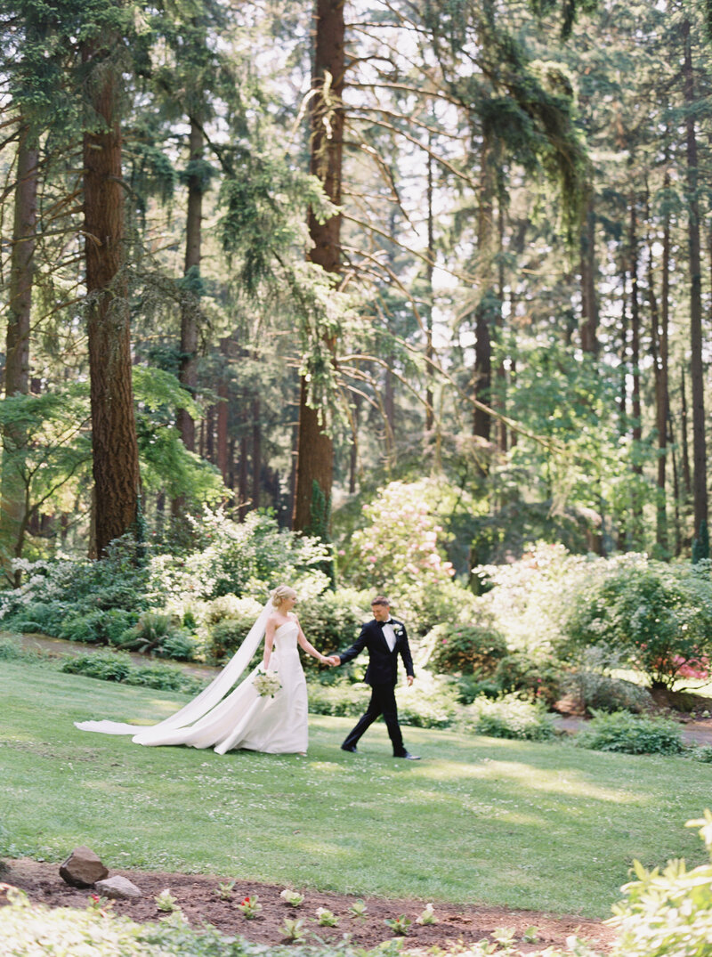 modern bride and groom in forest wearing her heirloom restyled hair comb