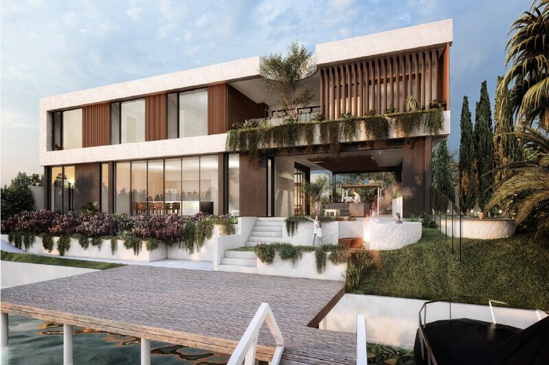 A stunning rear view of Nova Newport, showcasing its contemporary coastal design from a floating deck over the water—an example of NXTgen Construction's meticulous planning and vision.