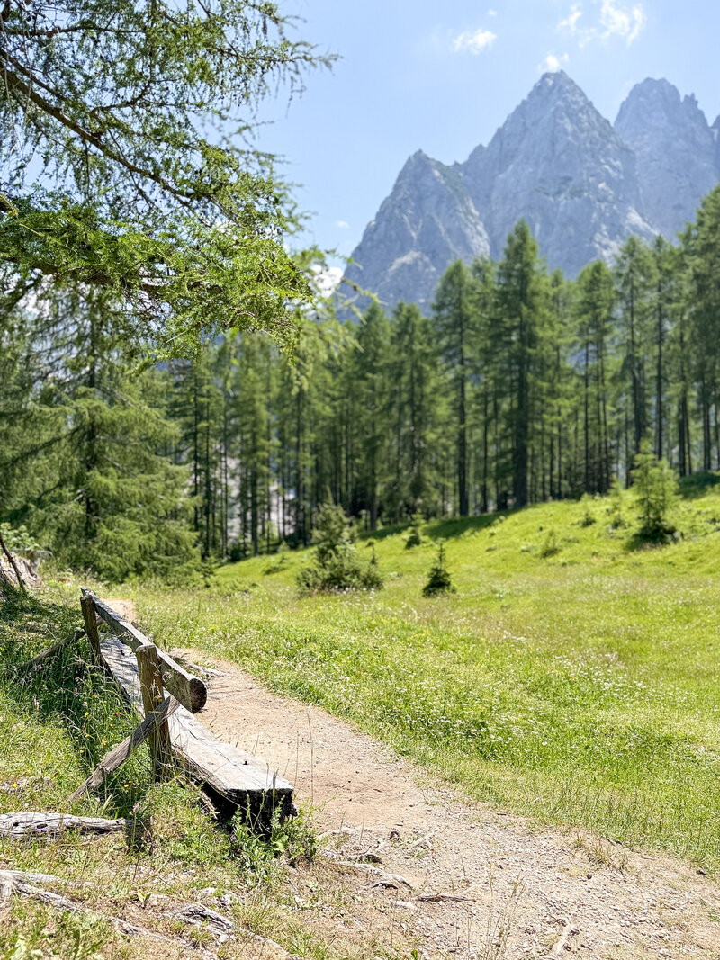 Julian Alps Slovenia Vrsic Pass bench with Mountain View’s 