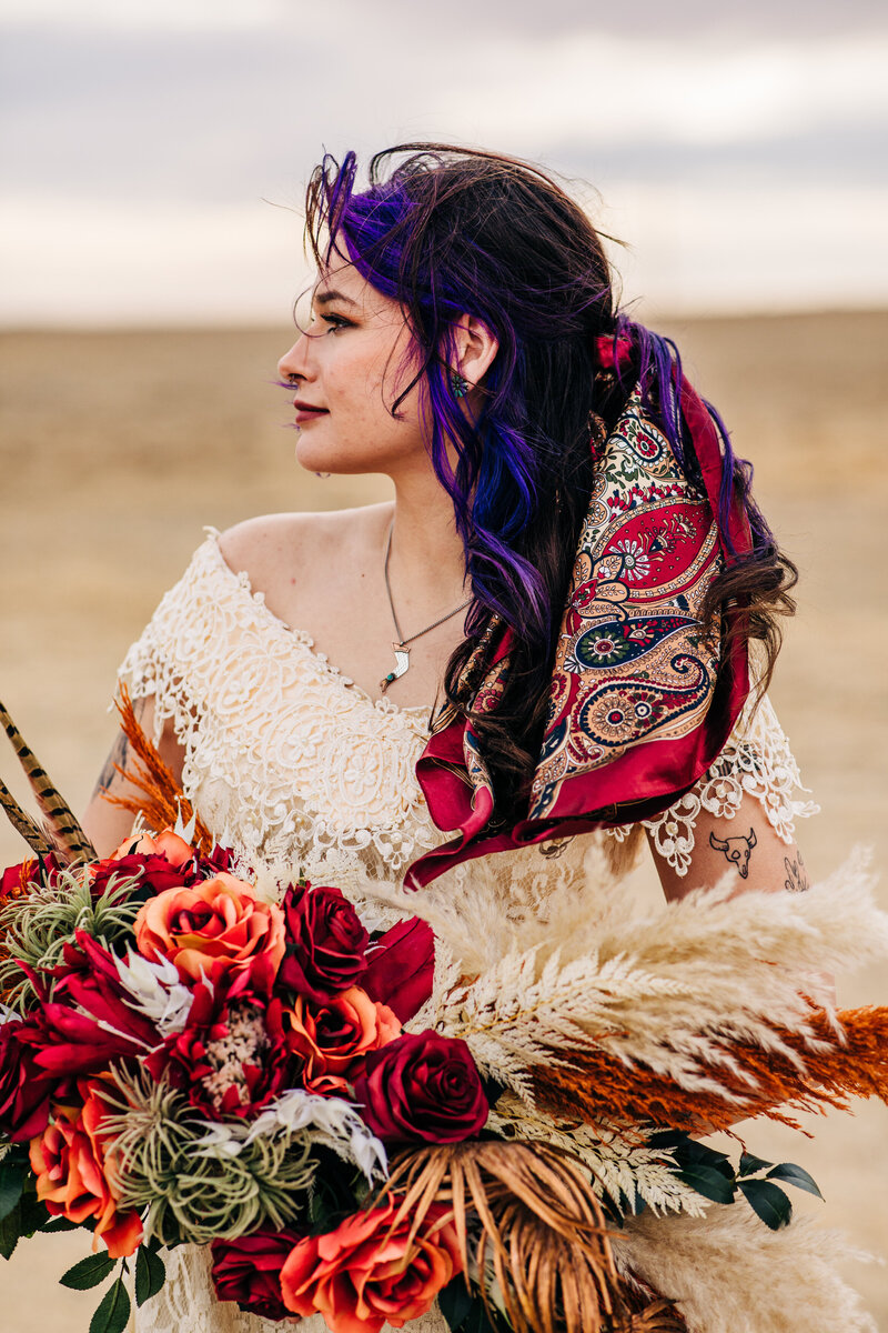bride with purple hair and bandana